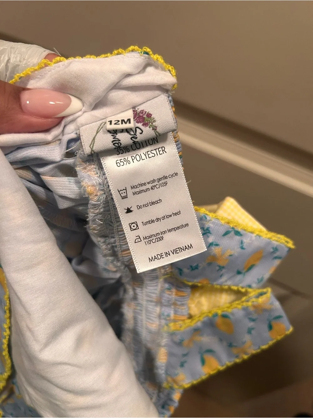 Seaux Smocked Girls Lemon Print Blue Ruffle Top with Yellow Bloomers 12M